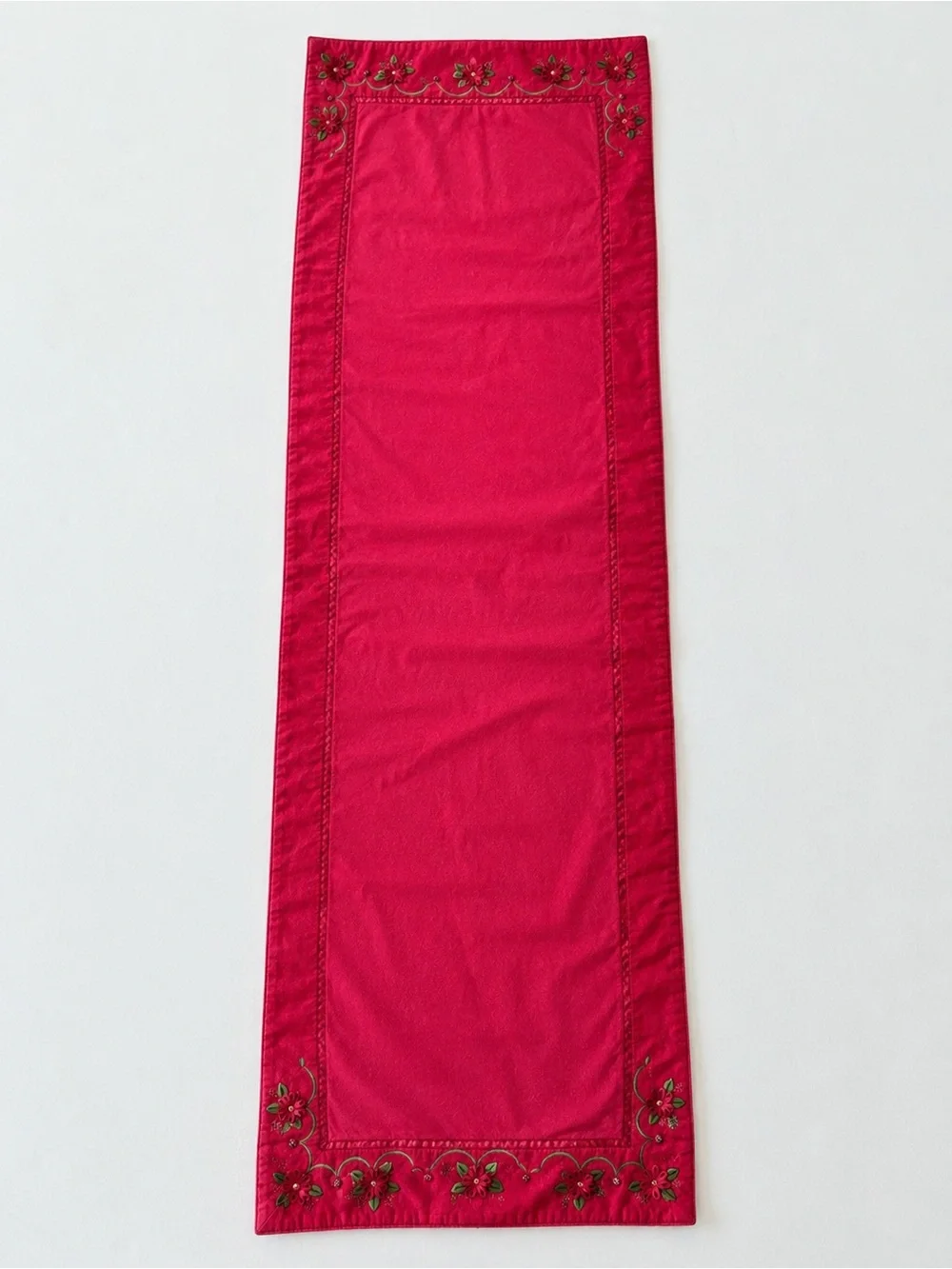 Vintage Red Table Runner Christmas Poinsettia Embroidered & Beaded 13” x 66”